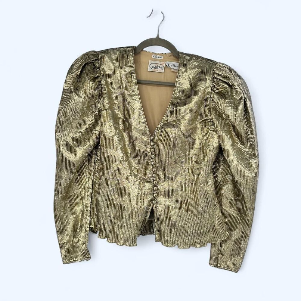 Partique Neiman Marcus Metallic Gold Lame Pleated Puff Sleeve Top c. Late 1980’s